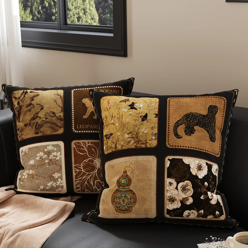 Decorative Patchwork Velvet Throw Pillow Cover with Asian-Inspired Scenic Panels and Metallic Gold Accents