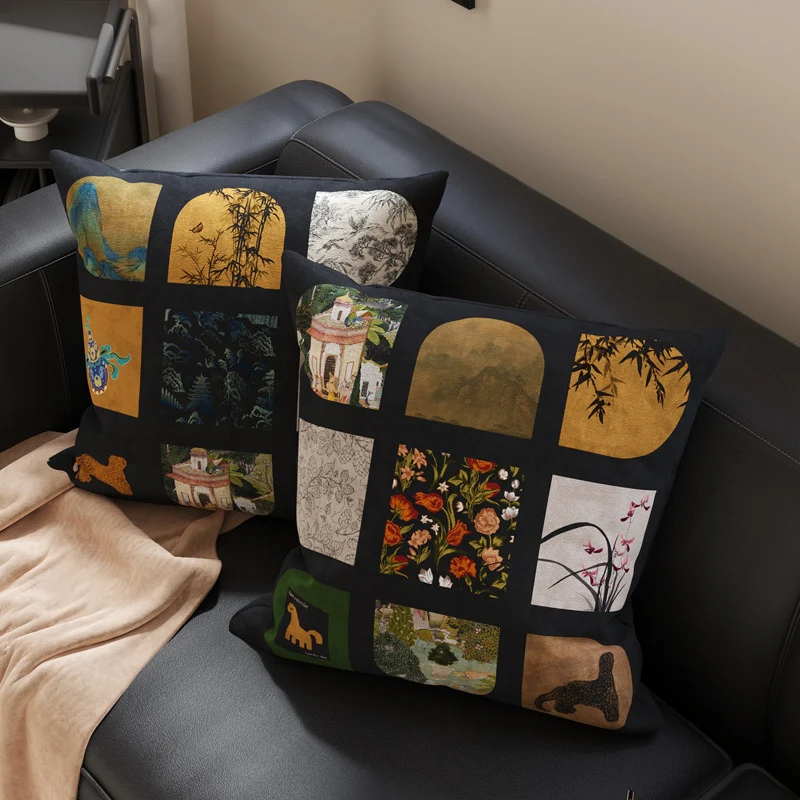 Decorative Patchwork Velvet Throw Pillow Cover with Asian-Inspired Scenic Panels and Metallic Gold Accents