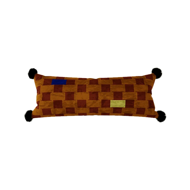 Decorative Long Lumbar Velvet Pillow with Checkerboard Jacquard, Pom-Pom Corners and Patchwork Accents