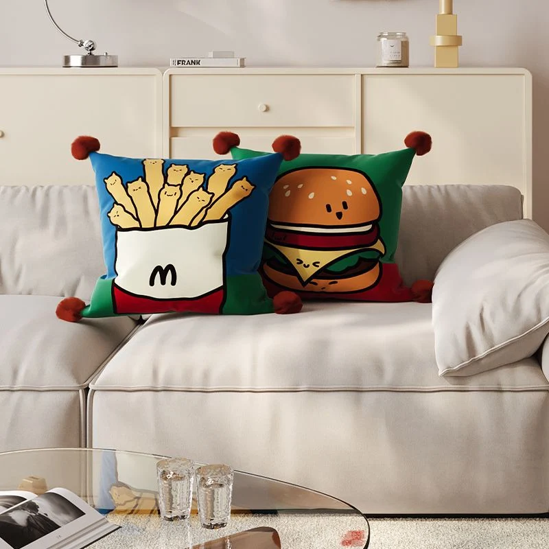 Decorative Cartoon Fries-Cats Square Throw Pillow Cover with Pom-Pom Tassel Corners
