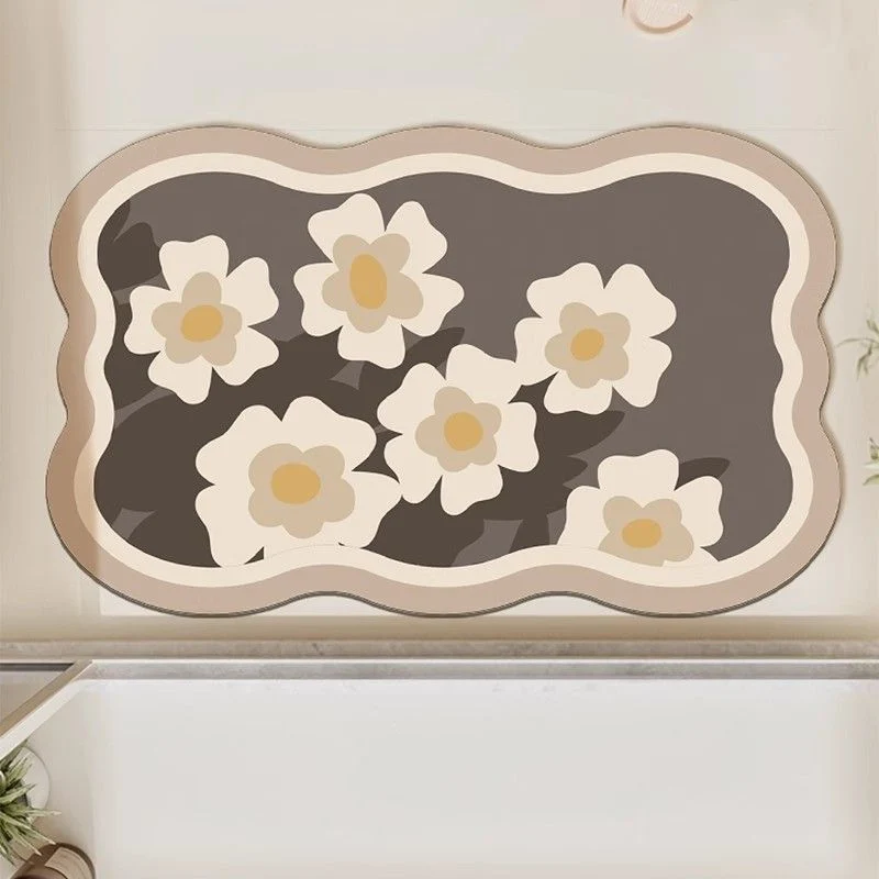 Cloud-Shaped Low-Pile Absorbent Floor Mat with Non-Slip Backing and Flower Print