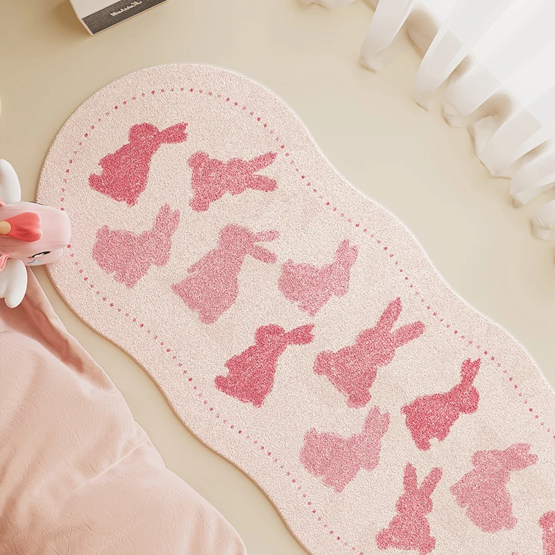 Children's Scalloped-Edge Plush Runner Rug with Pink Bunny Silhouette Pattern