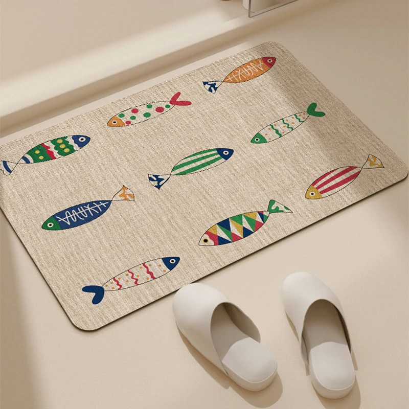 Absorbent Low-Profile Jute-Texture Fish Pattern Entrance & Bath Mat