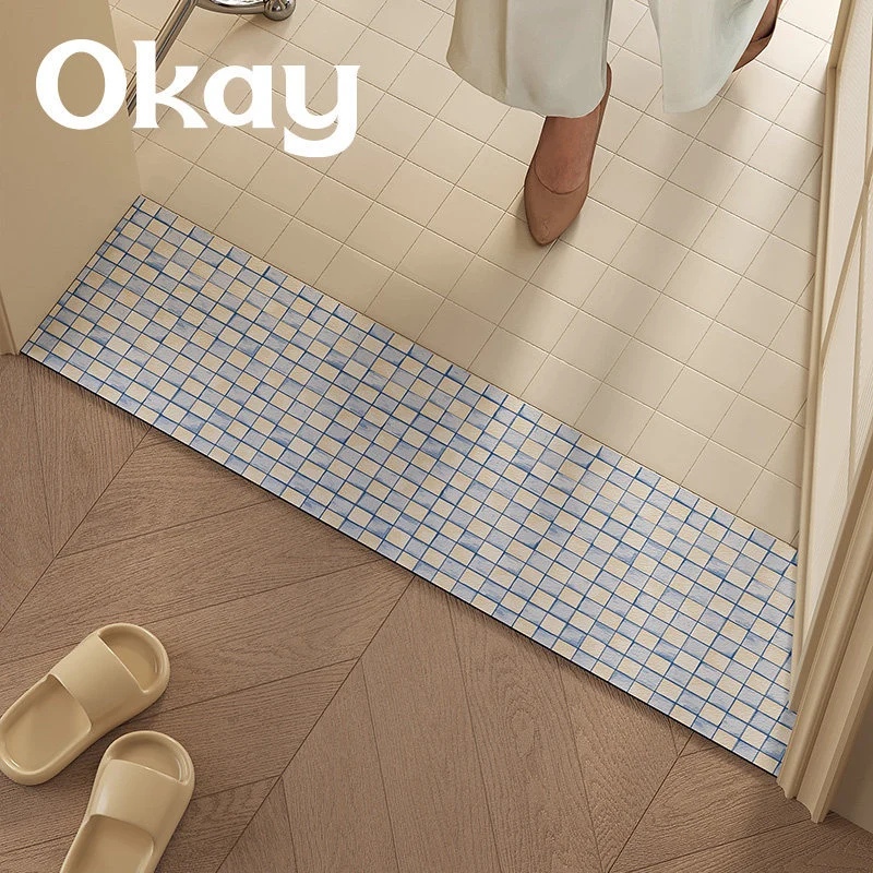 Absorbent Anti-Slip Bathroom Threshold Runner Mat with Mosaic Grid Print