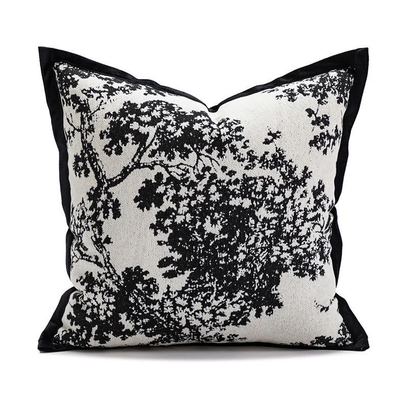 Quadratischer Jacquard-Kissenbezug mit monochromem Baum‑Motiv und kontrastierender Keder Karnz