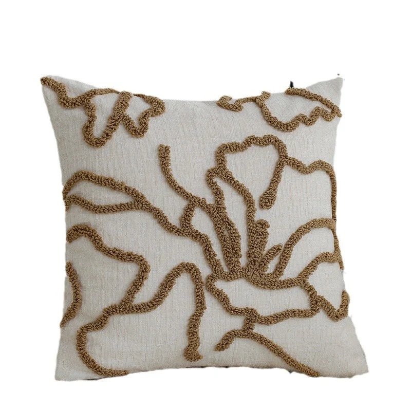 Quadratischer dekorativer Kissenbezug mit erhabenem floralen Chenille‑Tufting und Leinenoptik Karnz