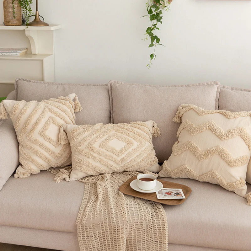 Quadratischer Zierkissenbezug im Boho‑Chic mit 3D‑Diamanttufting, Eckquasten und Baumwoll‑Leinen‑Mix Karnz