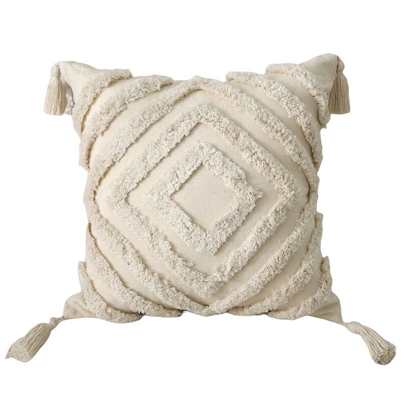 Quadratischer Zierkissenbezug im Boho‑Chic mit 3D‑Diamanttufting, Eckquasten und Baumwoll‑Leinen‑Mix Karnz