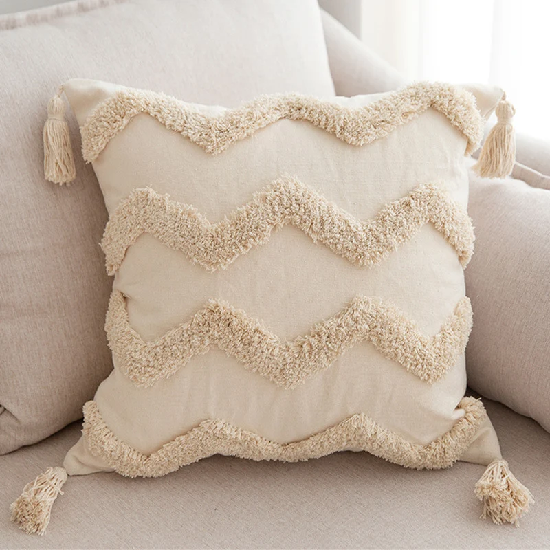 Quadratischer Zierkissenbezug im Boho‑Chic mit 3D‑Diamanttufting, Eckquasten und Baumwoll‑Leinen‑Mix Karnz