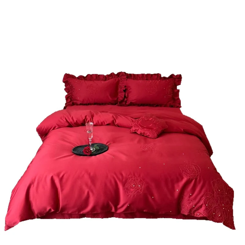 Satin-Bettwäsche-Set mit Rosenstickerei, Rüschenkissen und Dekokissen Karnz
