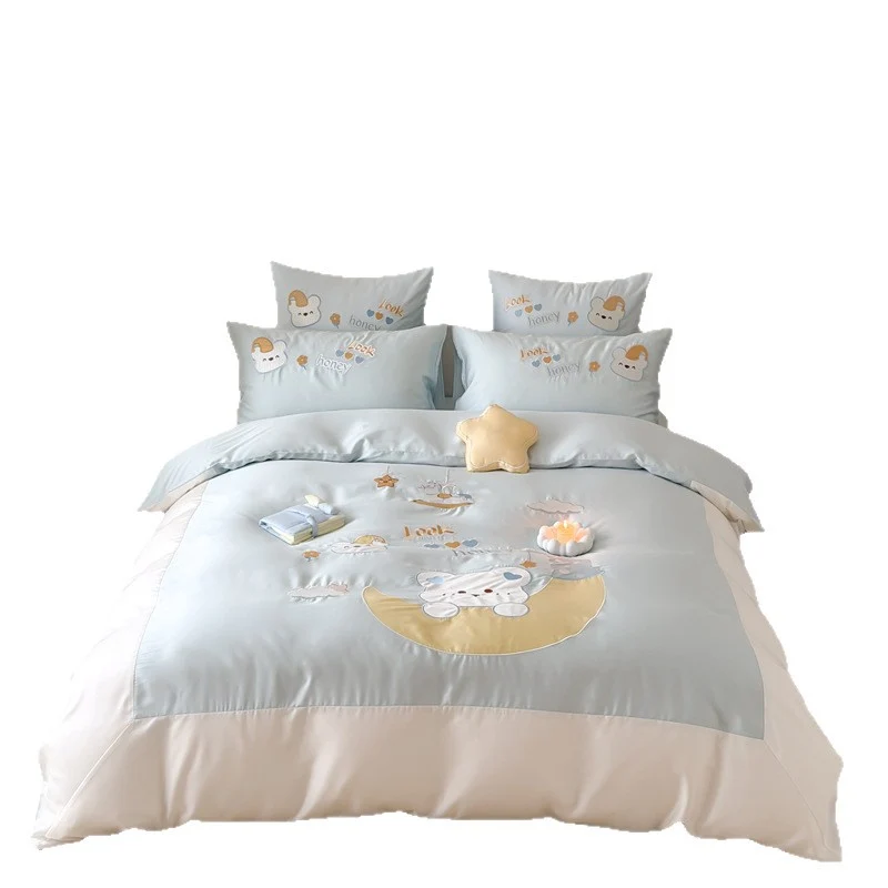 Kinder-Bettwäsche-Set aus Baumwollsatin mit applizierter Mond- und Bärenapplikation, gesteppter Bettdecke Karnz