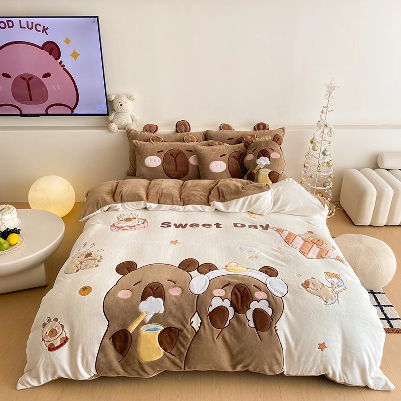 Flauschige Bettwäsche-Garnitur mit gesteppter Kuscheloberfläche, 3D-Teddy-Applikationen und wärmender Microfaserfüllung Karnz