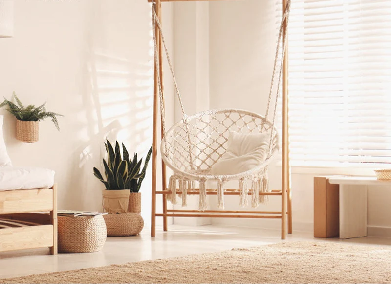 Macrame hanging chair with complete ceiling mounting kit and decorative tassel fringe Stornfield