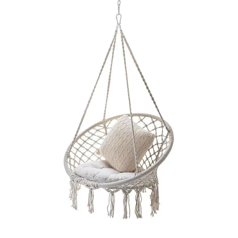 Macrame hanging chair with complete ceiling mounting kit and decorative tassel fringe Stornfield