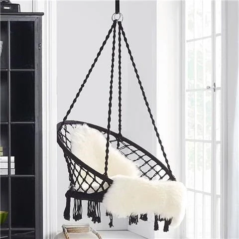 Macrame hanging chair with complete ceiling mounting kit and decorative tassel fringe Stornfield