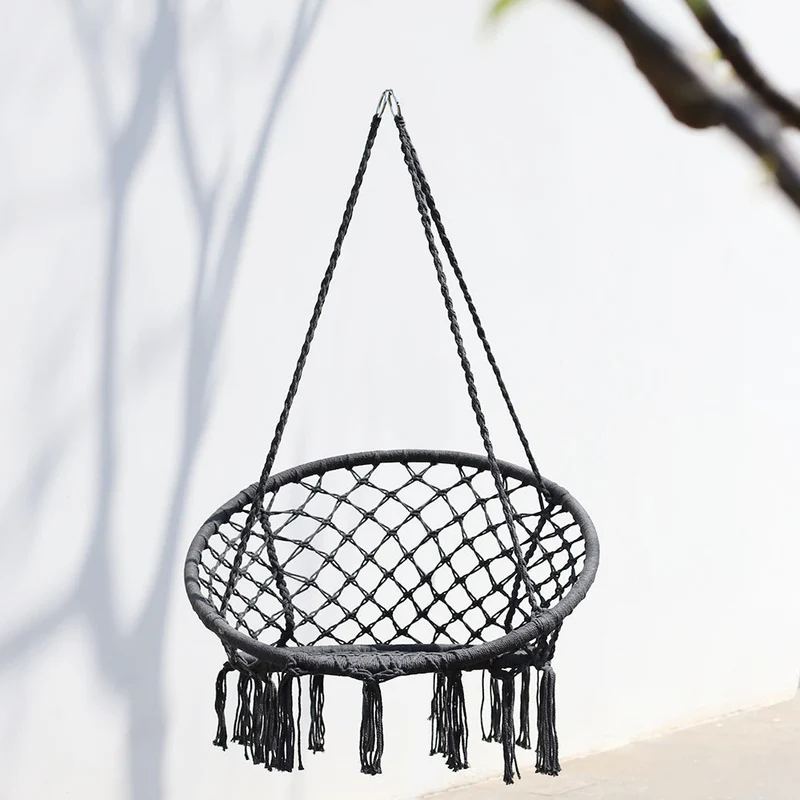 Macrame hanging chair with complete ceiling mounting kit and decorative tassel fringe Stornfield