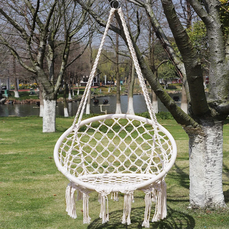 Macrame hanging chair with complete ceiling mounting kit and decorative tassel fringe Stornfield