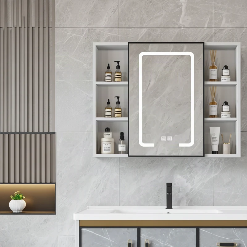 Bathroom mirror cabinet with LED and socket