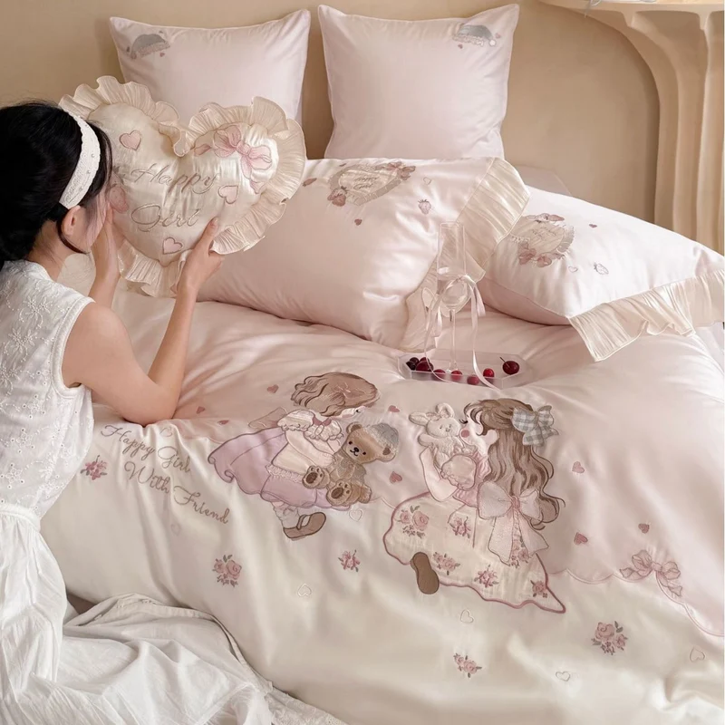 Luxuriöses besticktes Bettwäscheset aus Baumwollsatin mit Rüschen und Märchenmotiv Karnz
