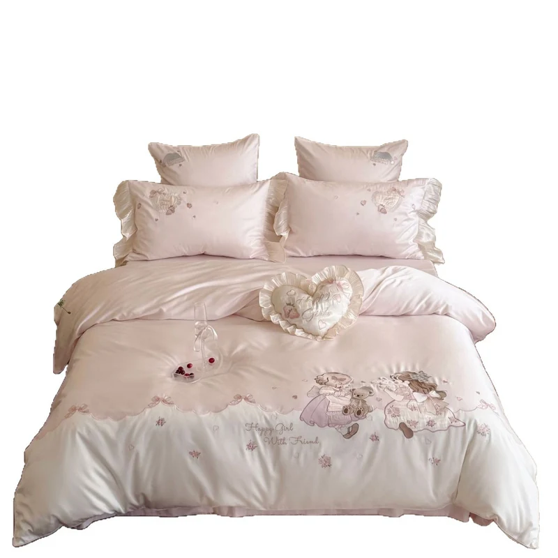 Luxuriöses besticktes Bettwäscheset aus Baumwollsatin mit Rüschen und Märchenmotiv Karnz