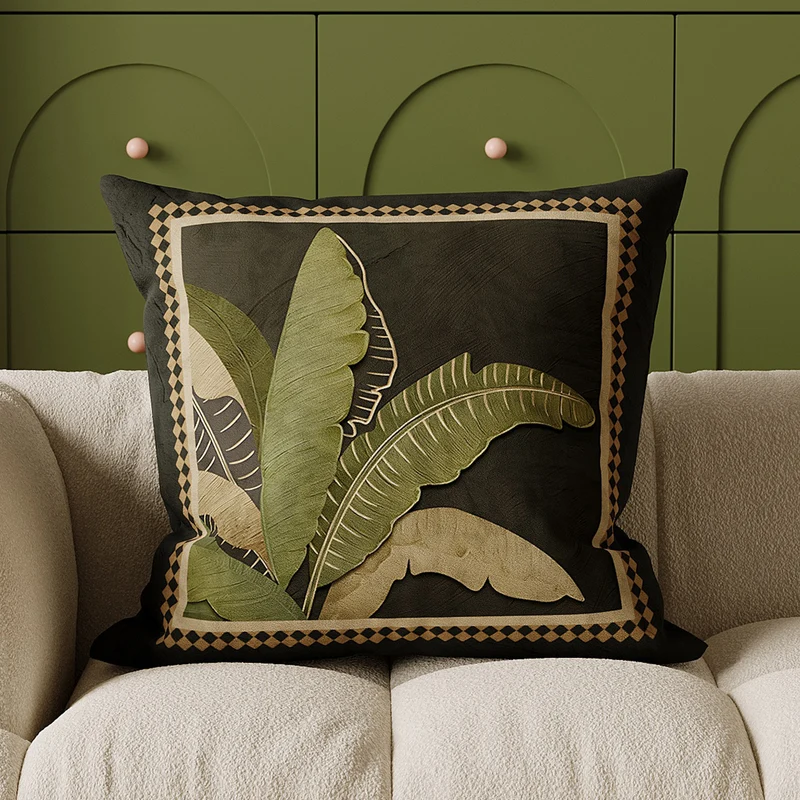 Square Suede-Texture Botanical Print Cushion Cover with Concealed Zipper