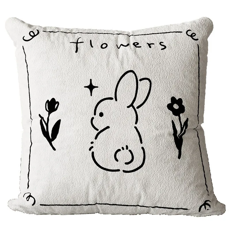Square Plush Textured Decorative Pillow Cover with Hand-Drawn Pizza Illustration and Botanical Accents