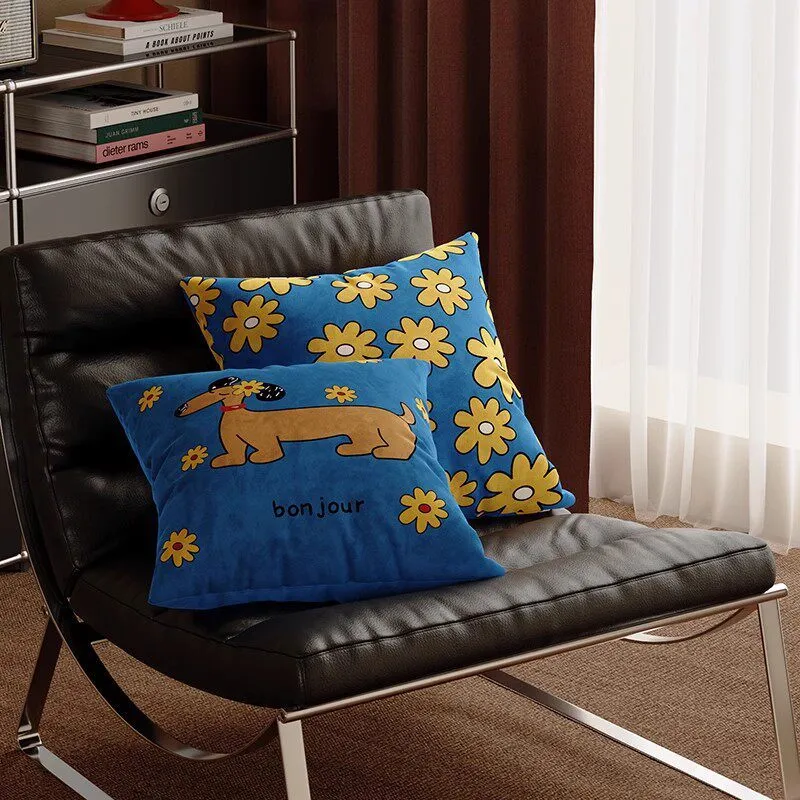 Square Decorative Throw Pillow Cover with Colorful Geometric Cat Motif and Piped Edge
