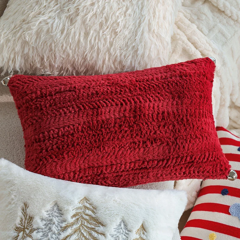 Rectangular plush decorative pillow with textured knit look and metal eyelets Stornfield