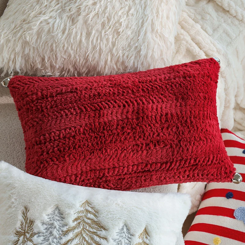 Rectangular plush decorative pillow with textured knit look and metal eyelets Stornfield