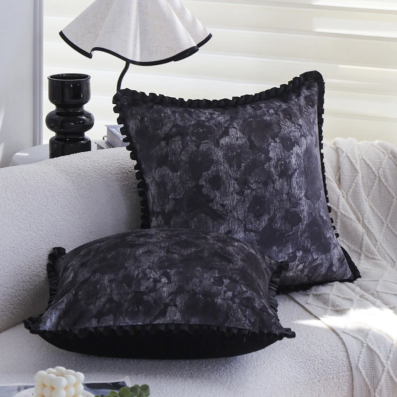 Rectangular decorative cushion cover made of crushed velvet with a fine ruffled edge Stornfield