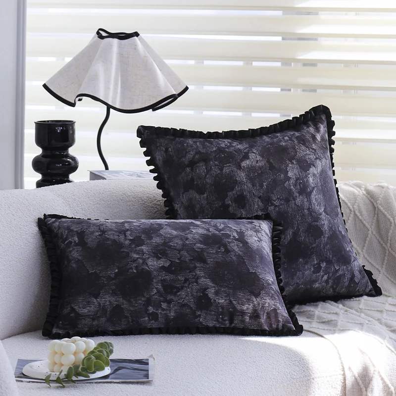 Rectangular decorative cushion cover made of crushed velvet with a fine ruffled edge Stornfield