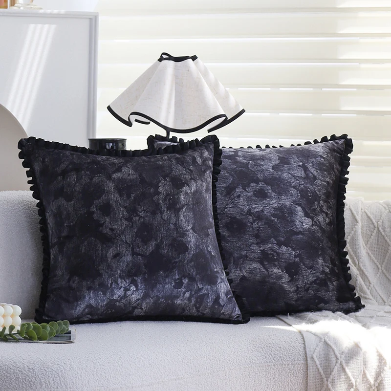 Rectangular decorative cushion cover made of crushed velvet with a fine ruffled edge Stornfield