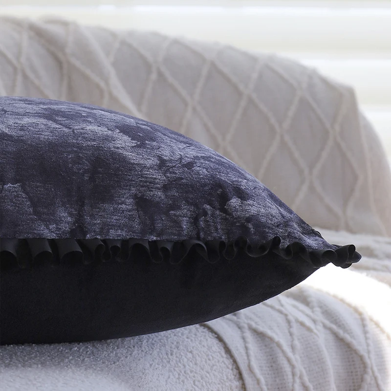 Rectangular decorative cushion cover made of crushed velvet with a fine ruffled edge Stornfield