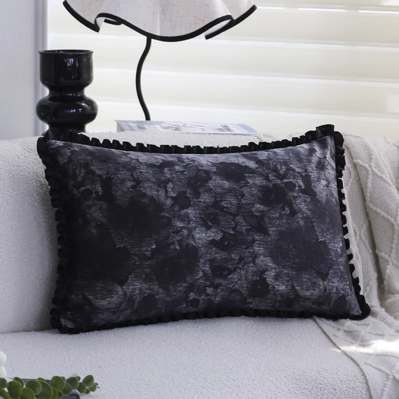 Rectangular decorative cushion cover made of crushed velvet with a fine ruffled edge Stornfield
