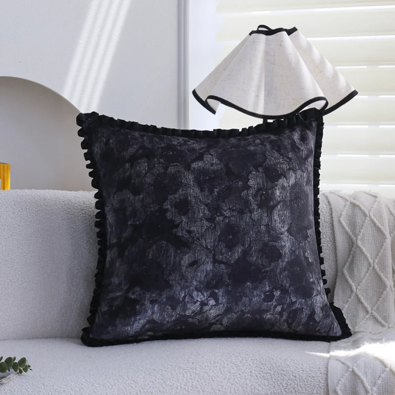 Rectangular decorative cushion cover made of crushed velvet with a fine ruffled edge Stornfield