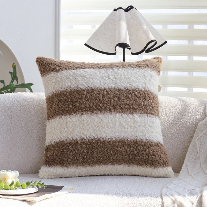 Rectangular teddy fleece decorative cushion cover with striped sherpa texture and concealed zipper Stornfield