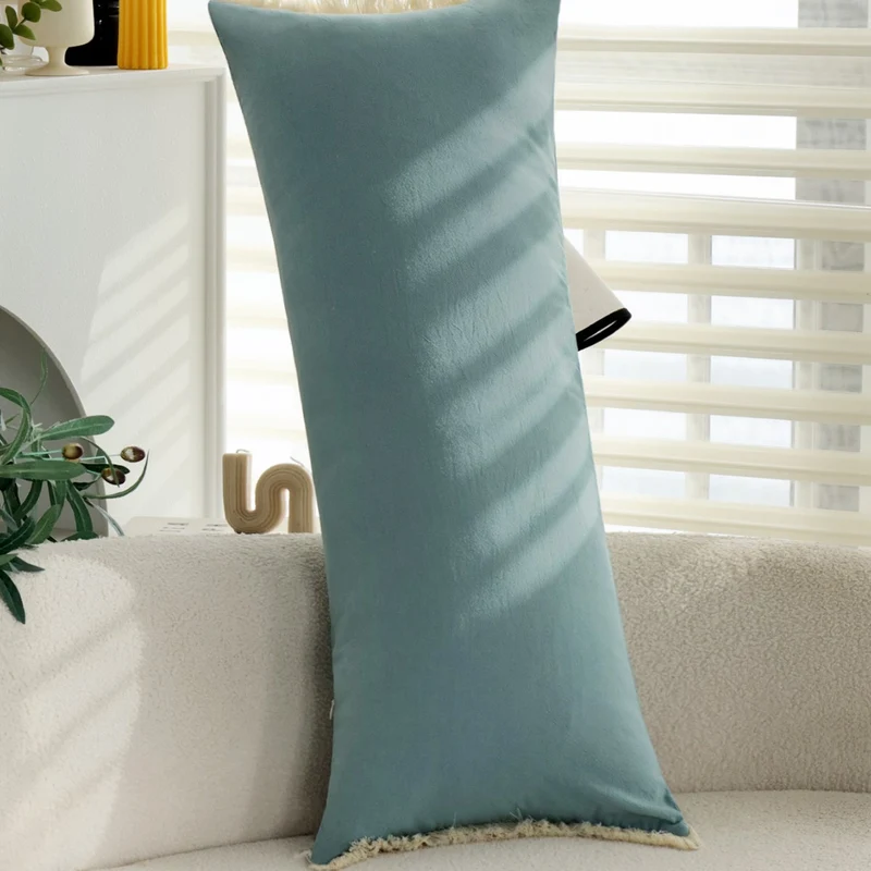Rectangular microfiber lumbar pillow cover with decorative fringe border Stornfield