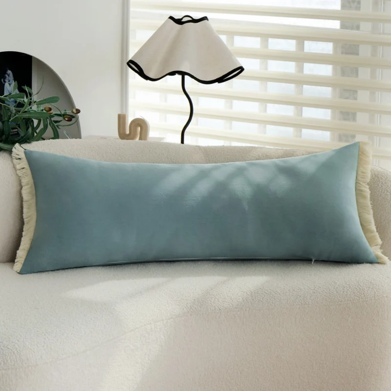 Rectangular microfiber lumbar pillow cover with decorative fringe border Stornfield