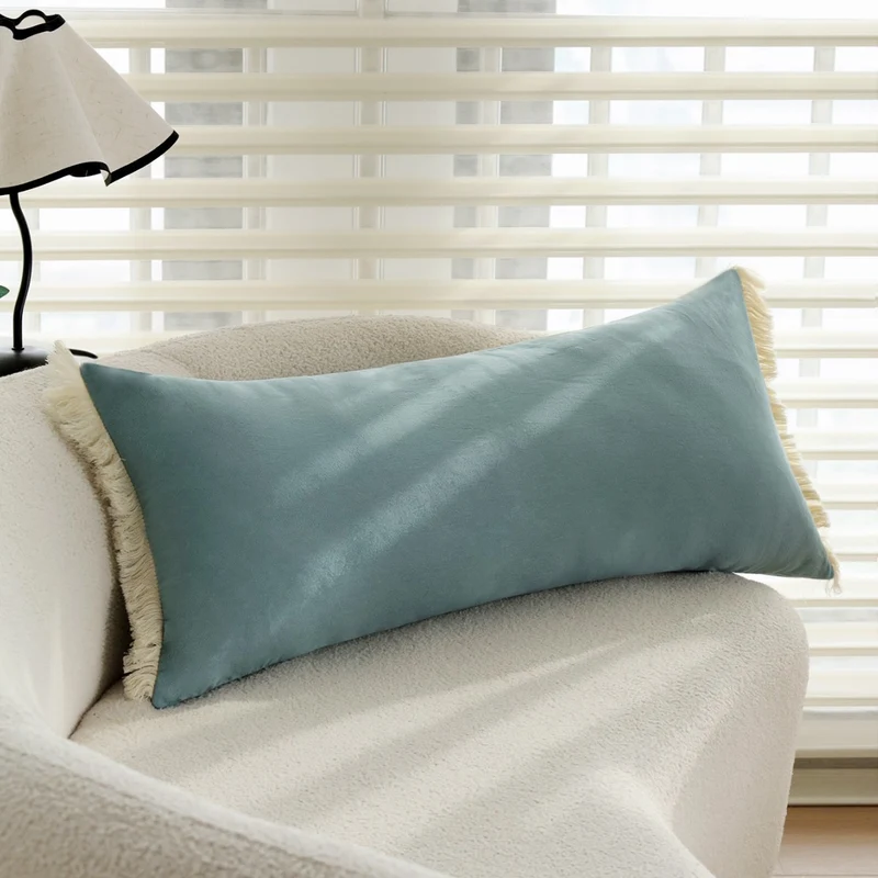 Rectangular microfiber lumbar pillow cover with decorative fringe border Stornfield