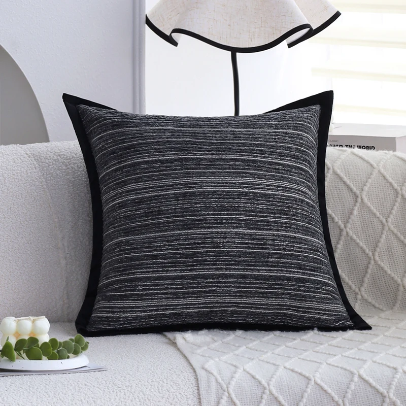 Rectangular linen look lumbar pillowcase with fine striped texture and tassels Stornfield