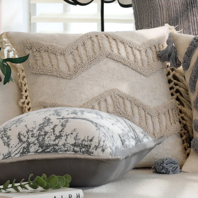 Rectangular linen look lumbar pillowcase with fine striped texture and tassels Stornfield