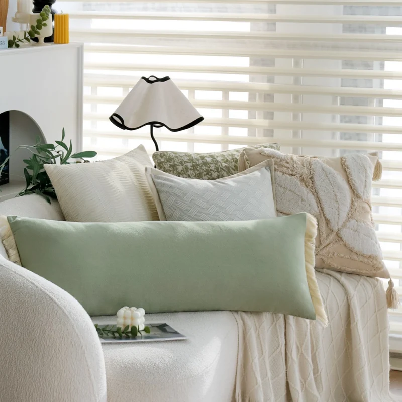 Rectangular long pillowcase made of velvety soft microvelours with decorative fringe finish Stornfield