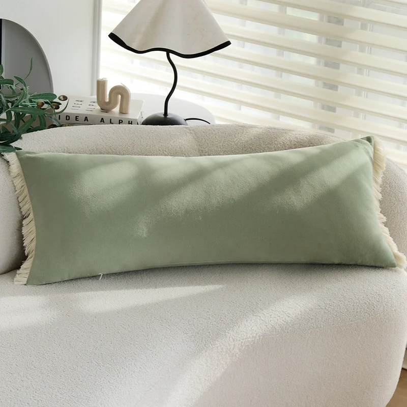 Rectangular long pillowcase made of velvety soft microvelours with decorative fringe finish Stornfield
