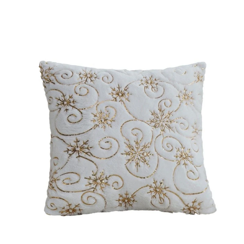 Rectangular faux fur cushion cover with embroidered snowflakes and sequins Stornfield