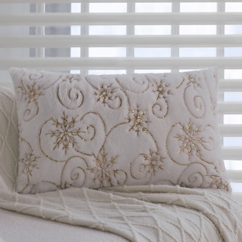 Rectangular faux fur cushion cover with embroidered snowflakes and sequins Stornfield