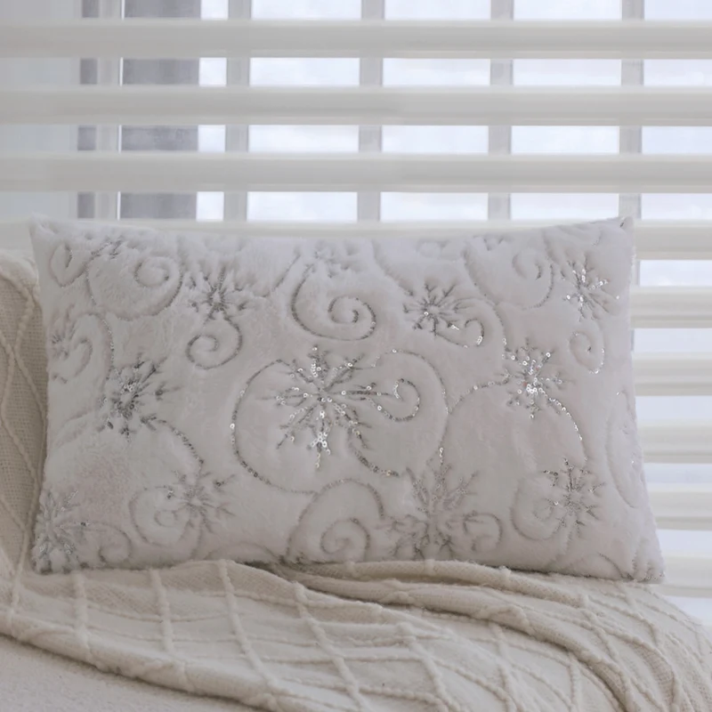 Rectangular faux fur cushion cover with embroidered snowflakes and sequins Stornfield
