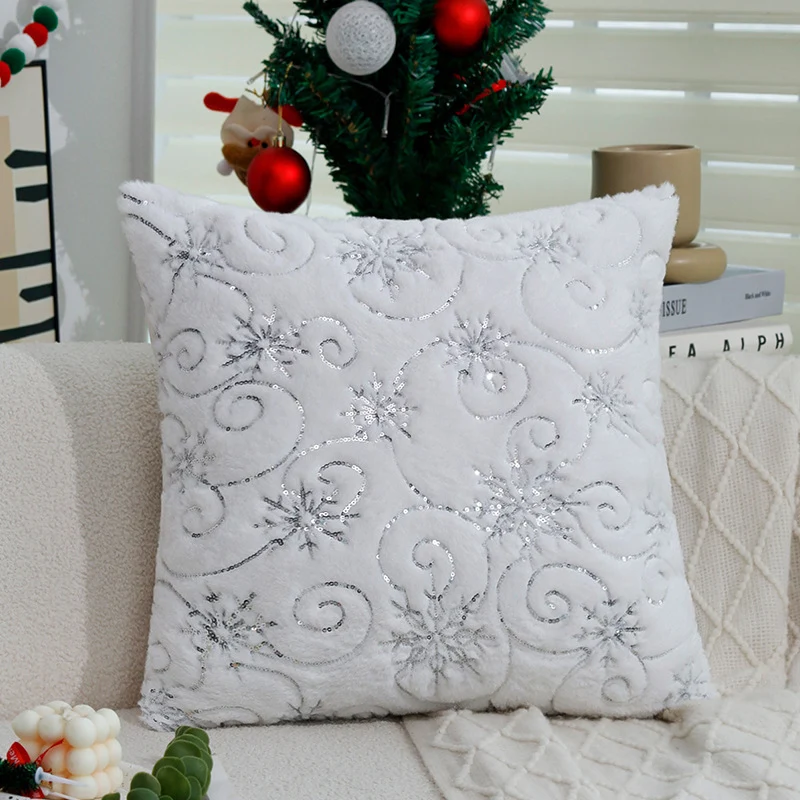 Rectangular faux fur cushion cover with embroidered snowflakes and sequins Stornfield