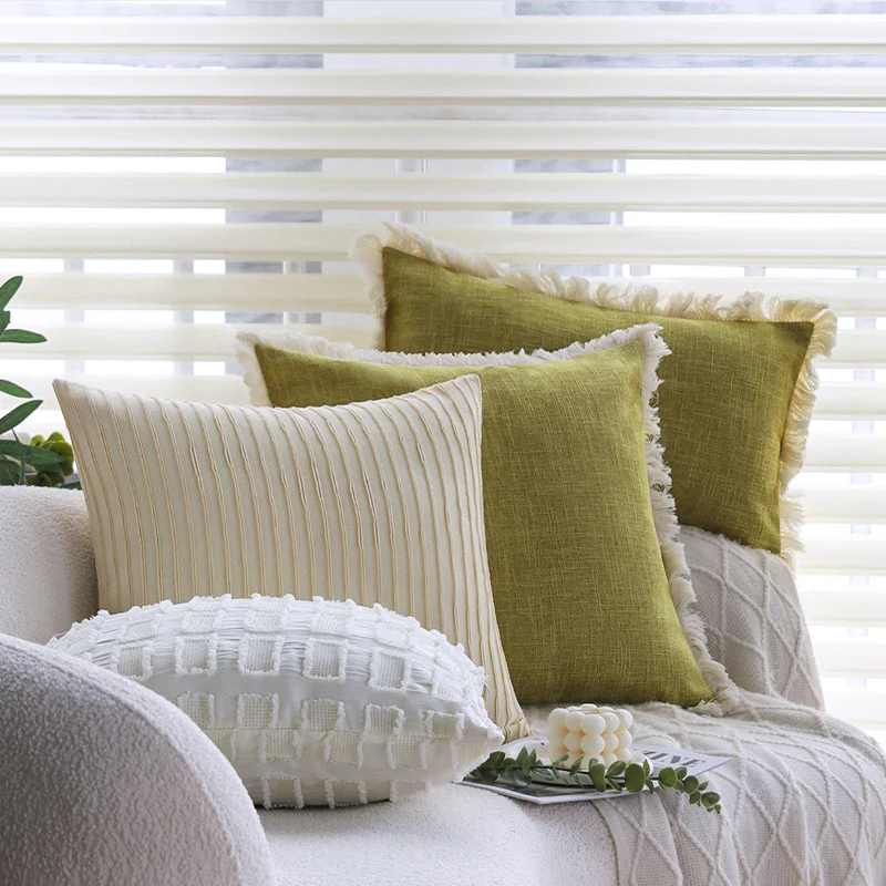 Rectangular cushion cover with woven linen look and decorative fringed edge Stornfield