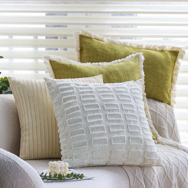 Rectangular cushion cover with woven linen look and decorative fringed edge Stornfield