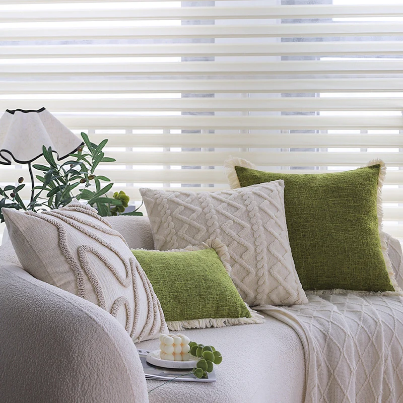 Rectangular cushion cover with woven linen look and decorative fringed edge Stornfield
